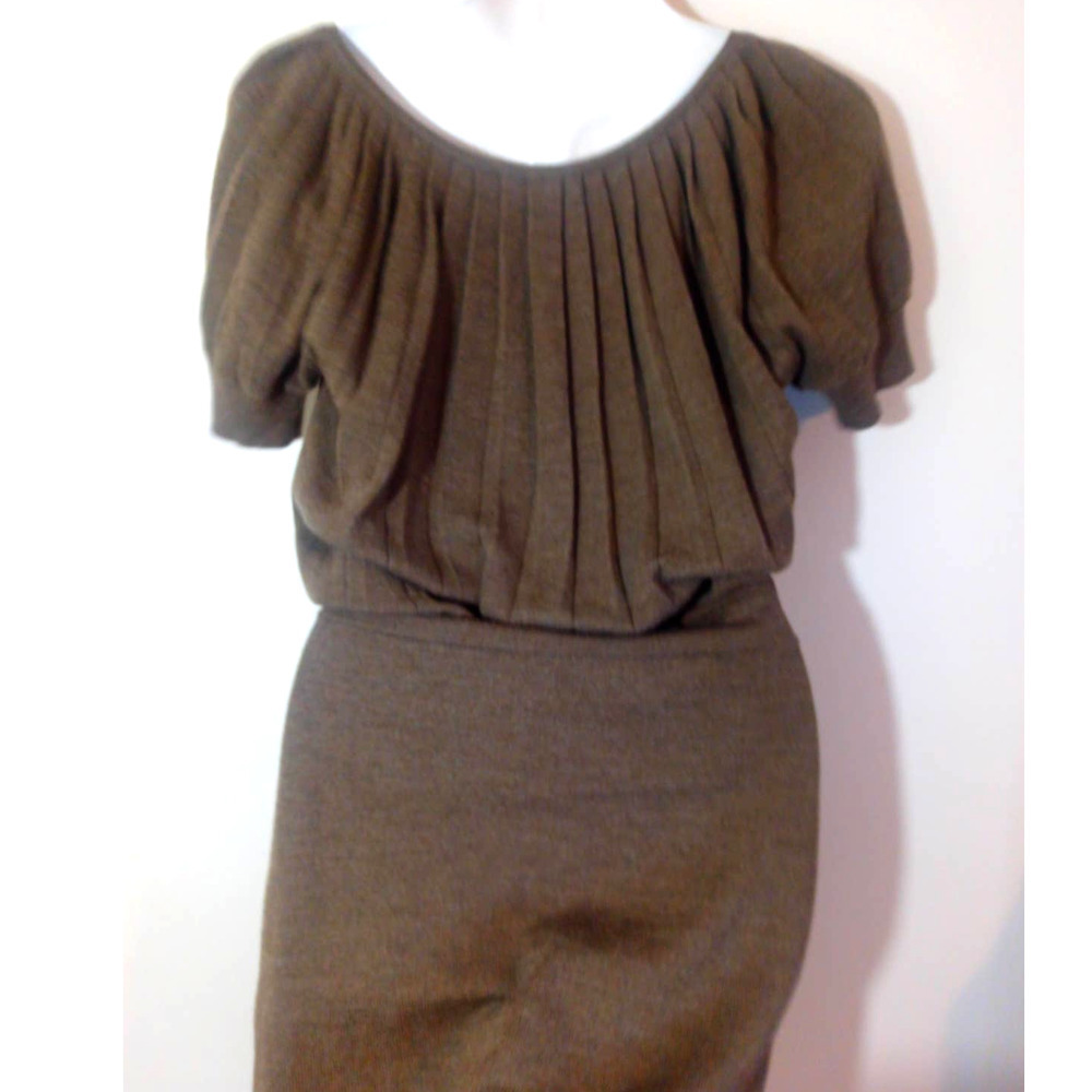 The LOFT Women Sz XS Taupe Brown Short Sleeve Knit Dress Wool Blend Sash Pleat - Picture 4 of 6